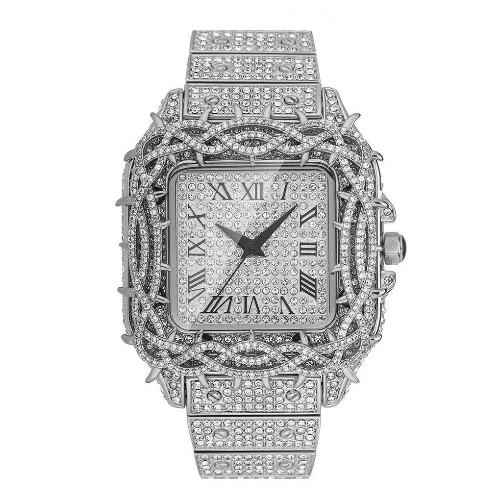 European hip hop ice watch with square full diamond case, thorn dial inlaid with zircon stones, in silver colour