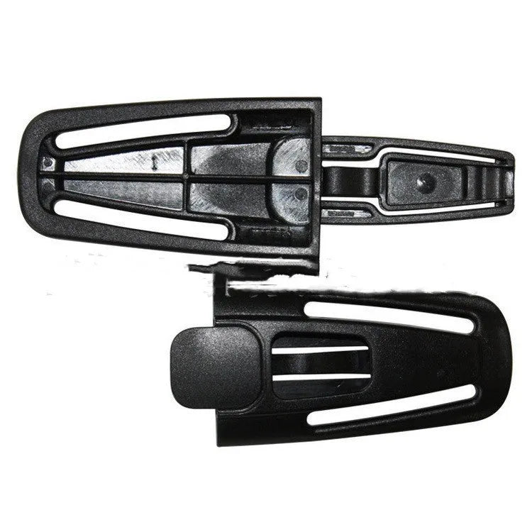 Black nylon seat belt buckle clip for child car seats measuring 14.5 by 4 centimetres