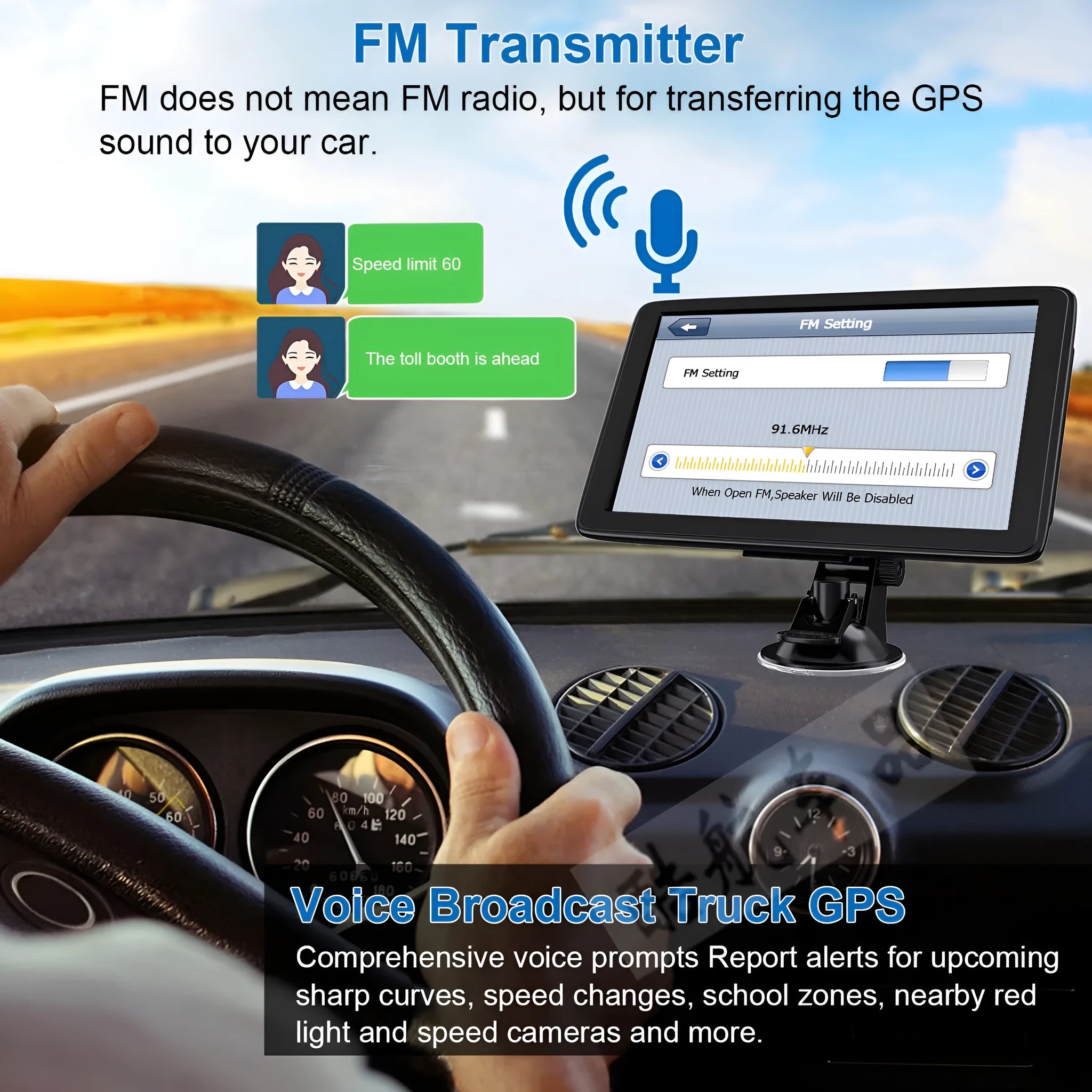 Black portable car GPS navigation device with 7 inch screen mounted on a bracket and car charger.