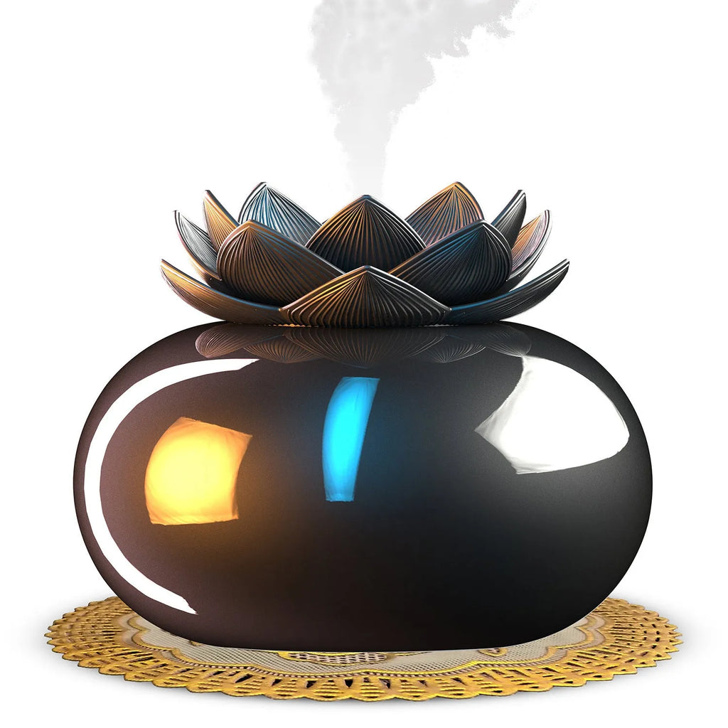 Black lotus-shaped ultrasonic humidifier with USB cable connection