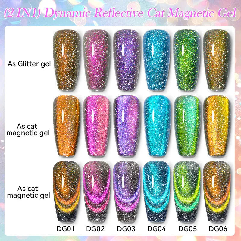 Cat eye effect nail polish gel bottle with diamond glitter in one of six colour styles