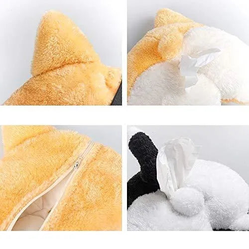 Yellow soft corgi butt shaped tissue box cover with elastic strap for car sun visor.