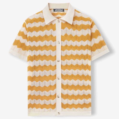 Hollow jacquard corrugated short sleeve sweater in Tencel viscose fabric showing textured knit pattern