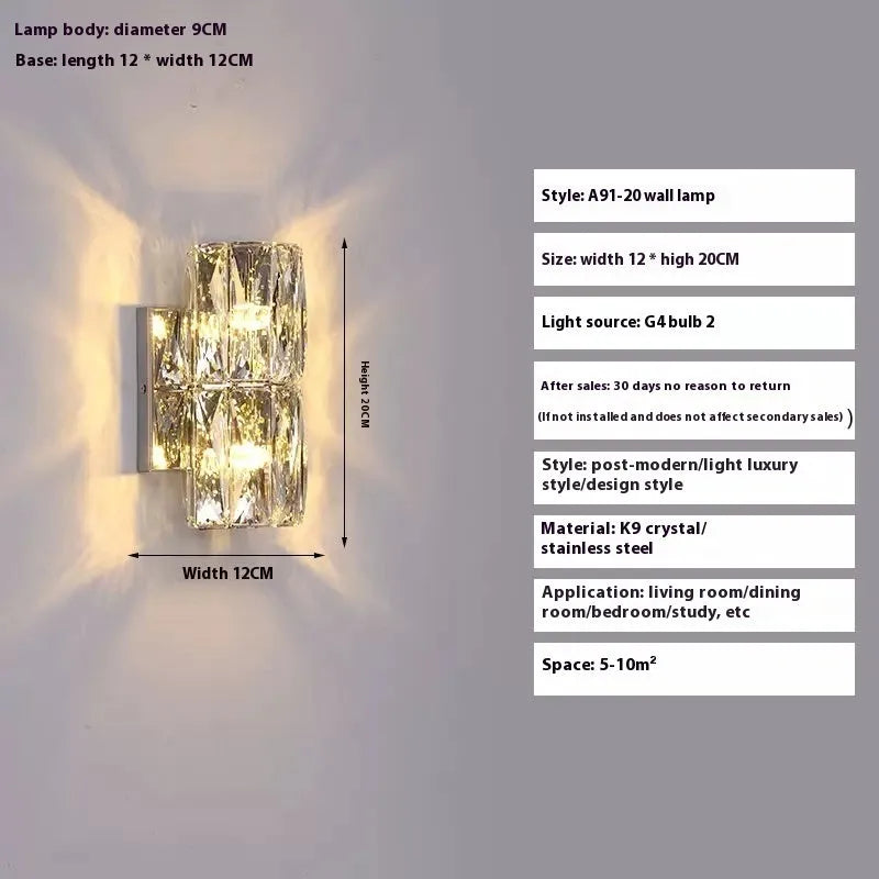 Crystal shade LED wall lamp in chrome or gold finish on stainless steel base.