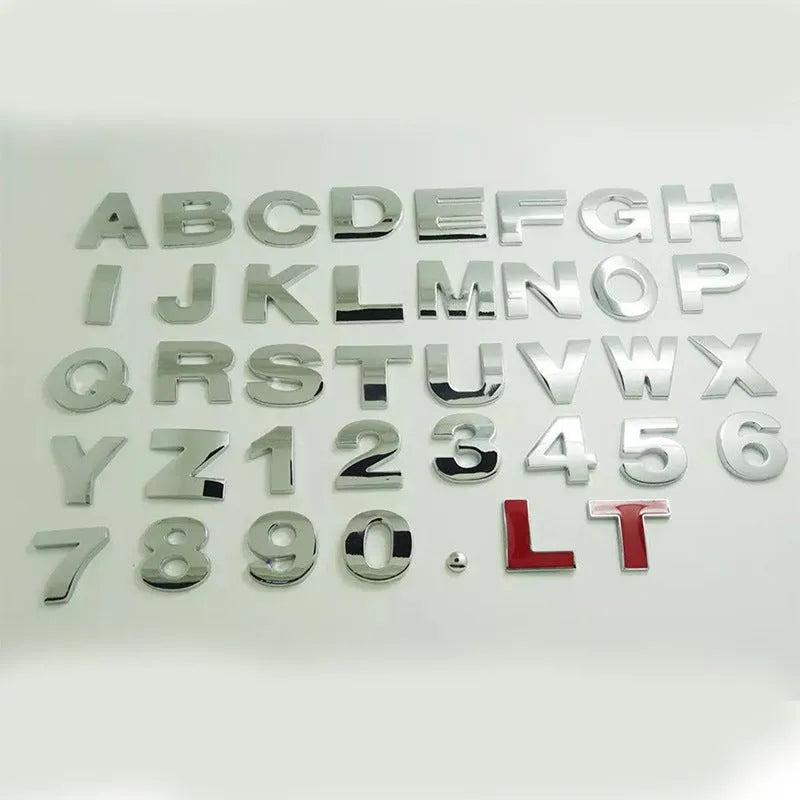 Metal zinc alloy car letter stickers showing dimensional 3D construction in black and silver finishes