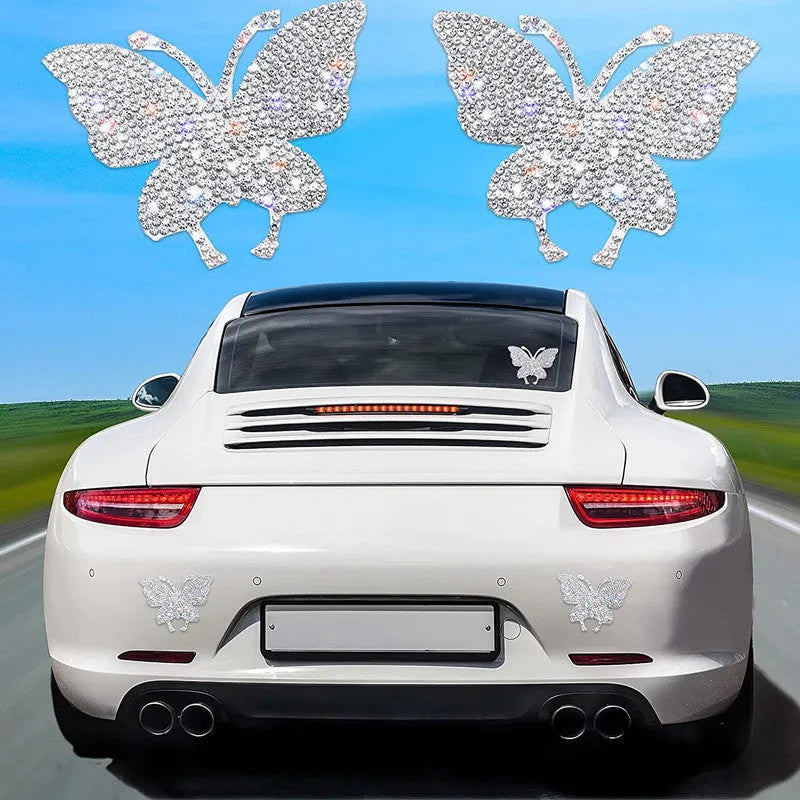 Diamond-encrusted glass car sticker with butterfly or bear paw design measuring 7 by 6 centimetres