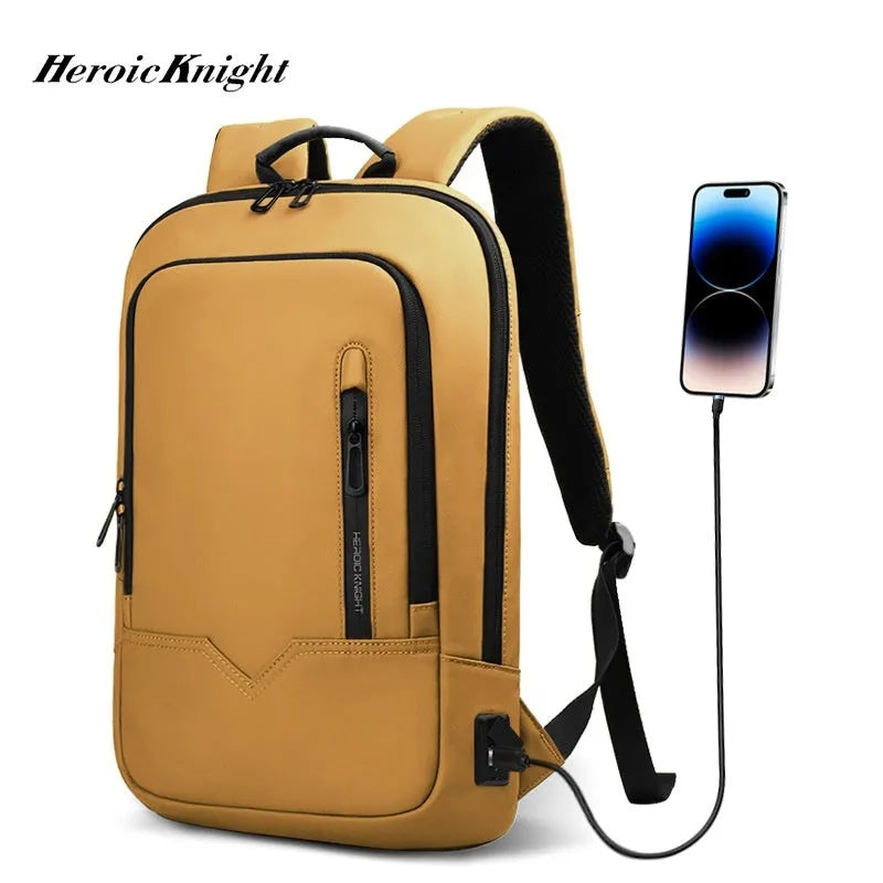 Men's lightweight polyester laptop backpack with USB port in black, shown in 14-inch size.