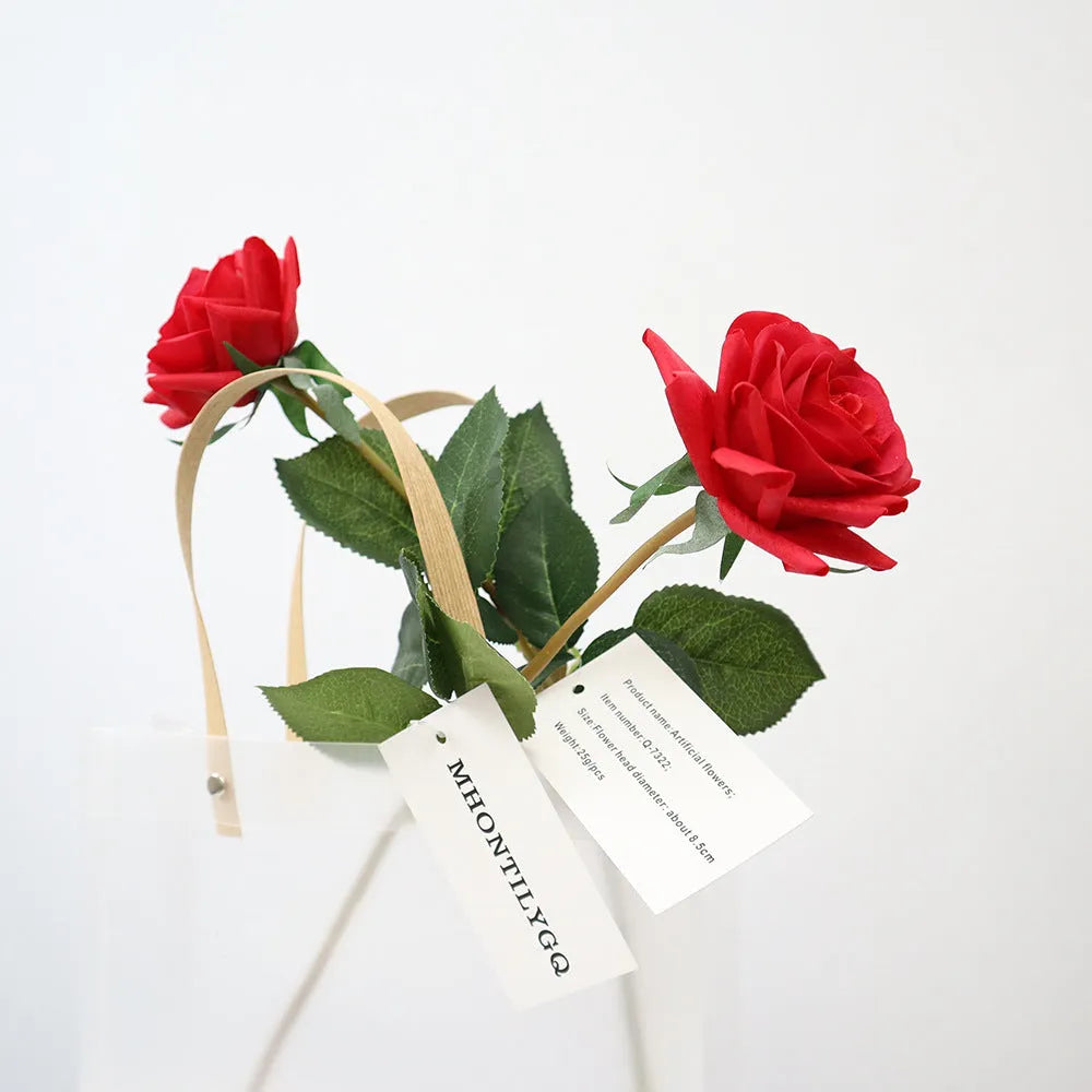 Artificial silk rose flower with red petals and green plastic stem measuring approximately 42cm long