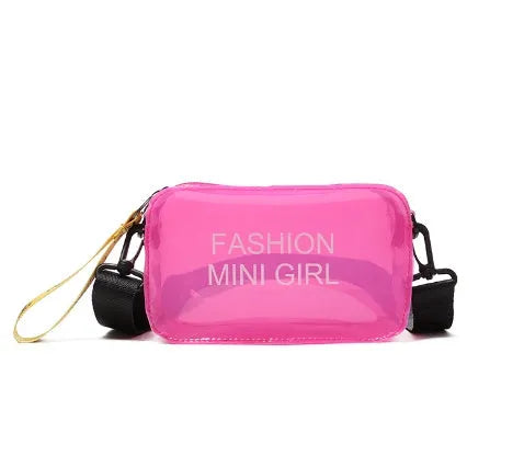 Transparent square jelly shoulder bag with adjustable strap showing mobile phone compartment