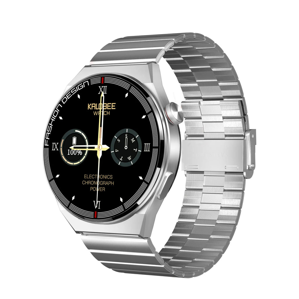 Smartwatch with 1.28-inch display showing health metrics, available in black or silver with silicone or steel straps