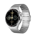 Smartwatch with 1.28-inch display showing health metrics, available in black or silver with silicone or steel straps