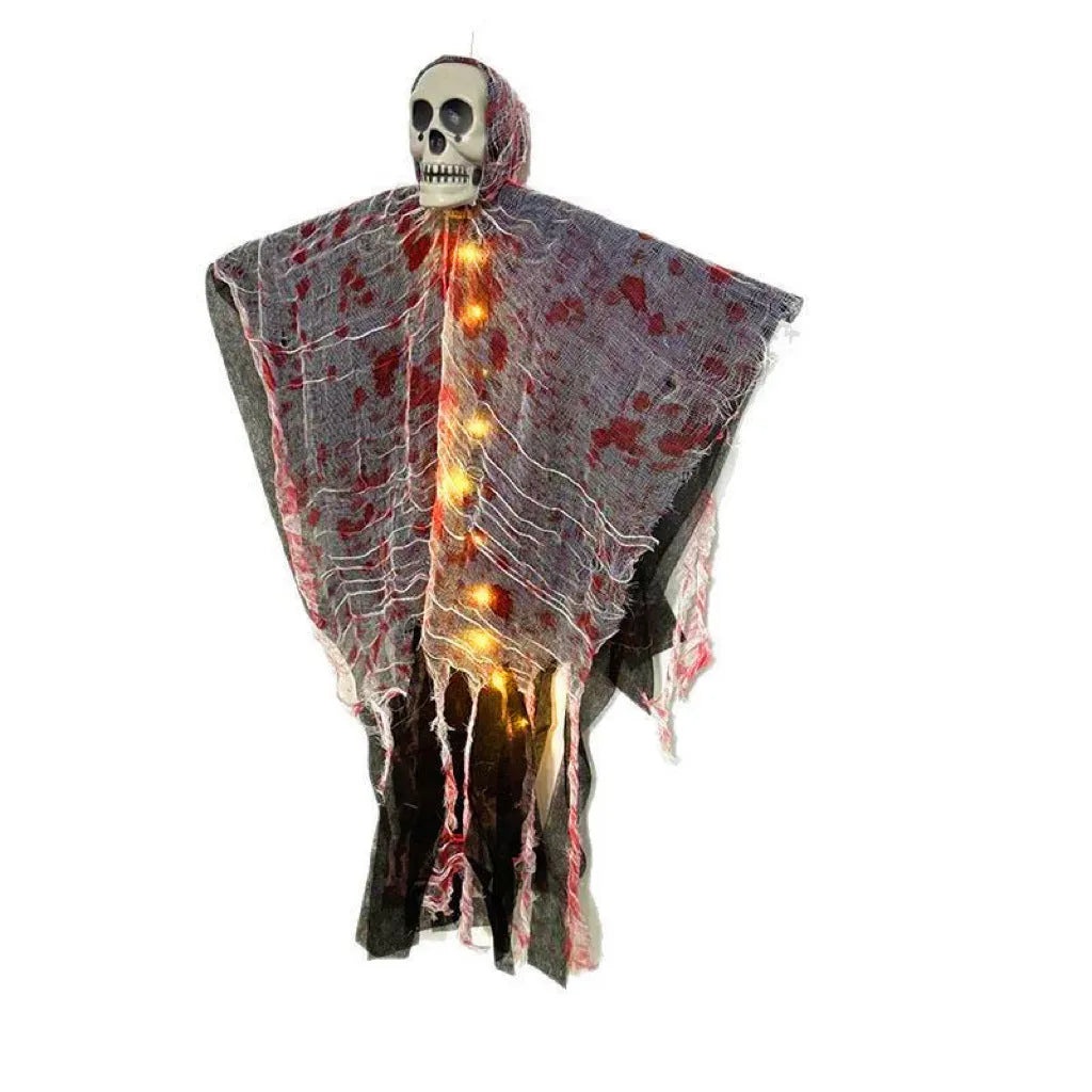 Plastic Halloween decoration of a luminous blood-dyed skull hanging ghost with string