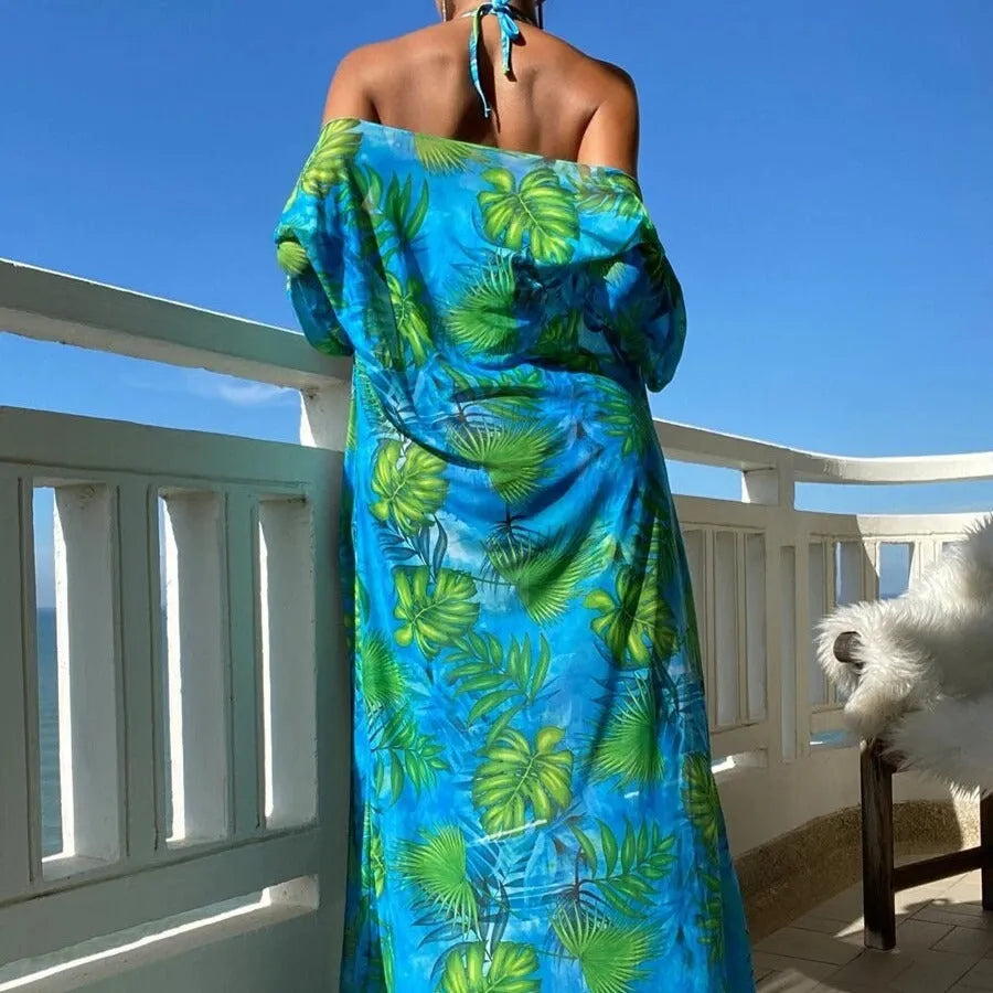 Women's long sleeve bikini set with floral banded briefs and cover-up robe