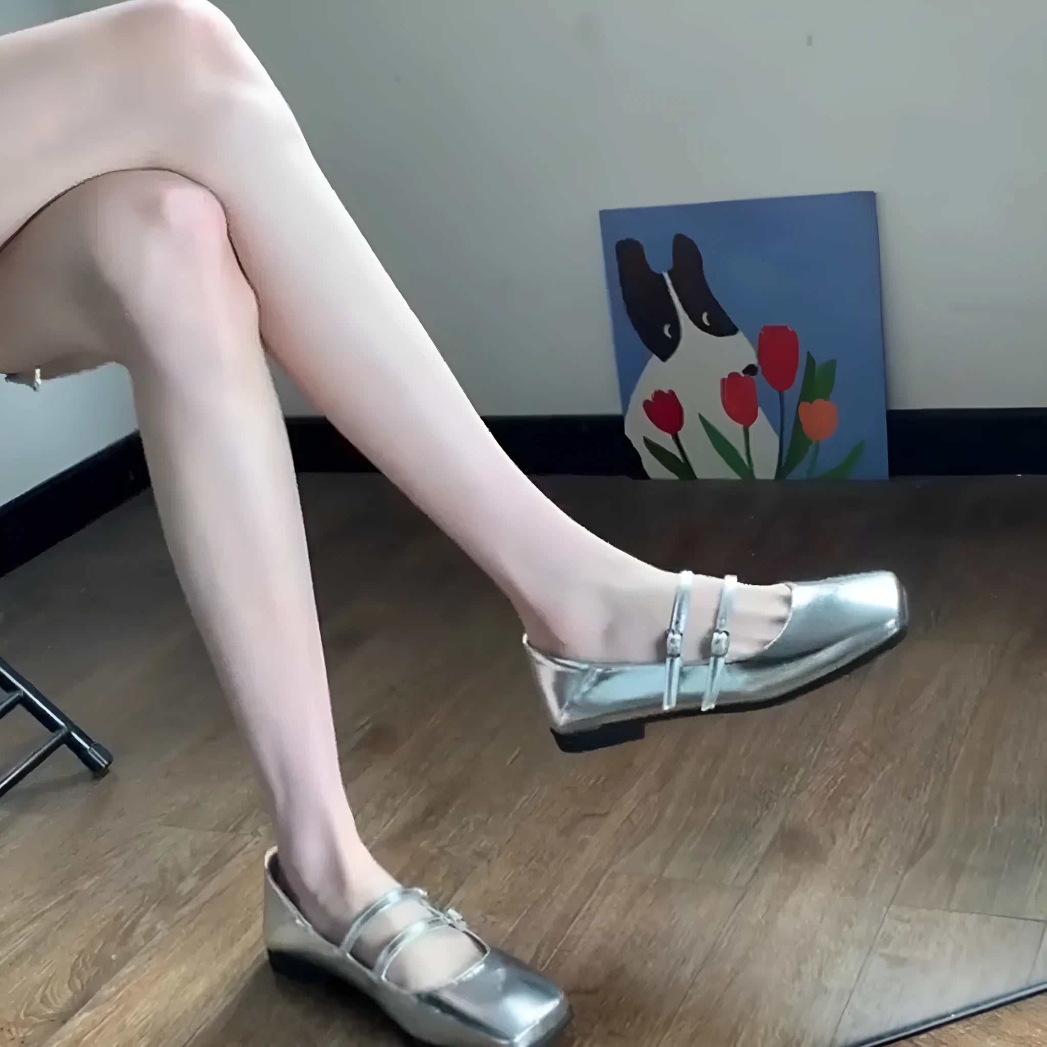 Women's silver Mary Jane ballet flats with cross buckle strap and genuine leather upper