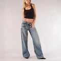 Women's cotton loose straight wide leg mop trousers in blue, light blue and dark grey colours