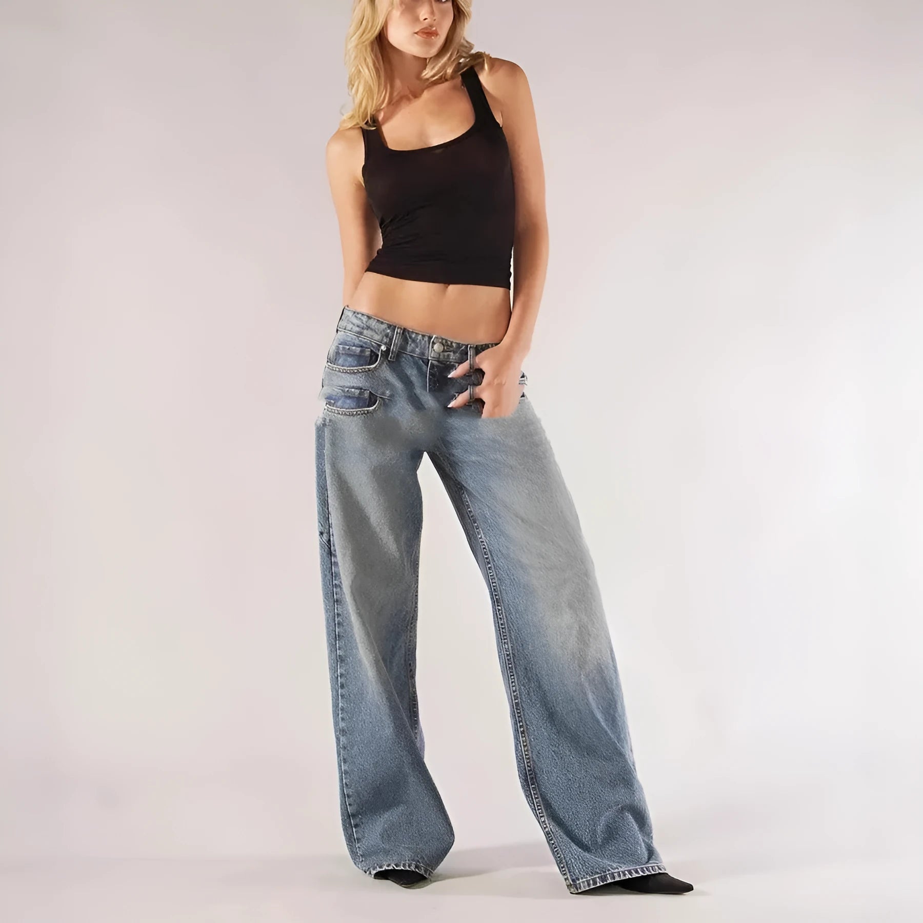 Women's cotton loose straight wide leg mop trousers in blue, light blue and dark grey colours