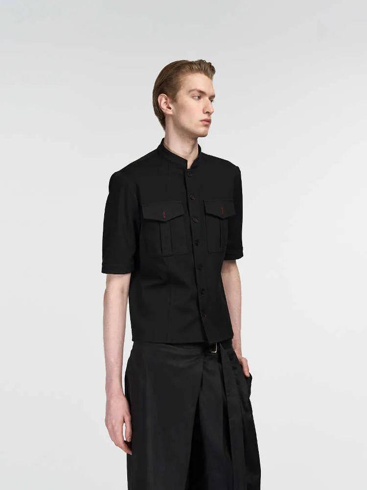 Black handmade hunting shirt with red eye design, half sleeves, and shirt collar