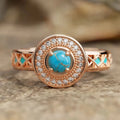 Women's turquoise ethnic style ring with oil micro inlaid zircon on rose gold copper geometry band