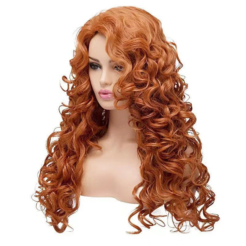 Brown long wavy curly cosplay wig on wig head cover