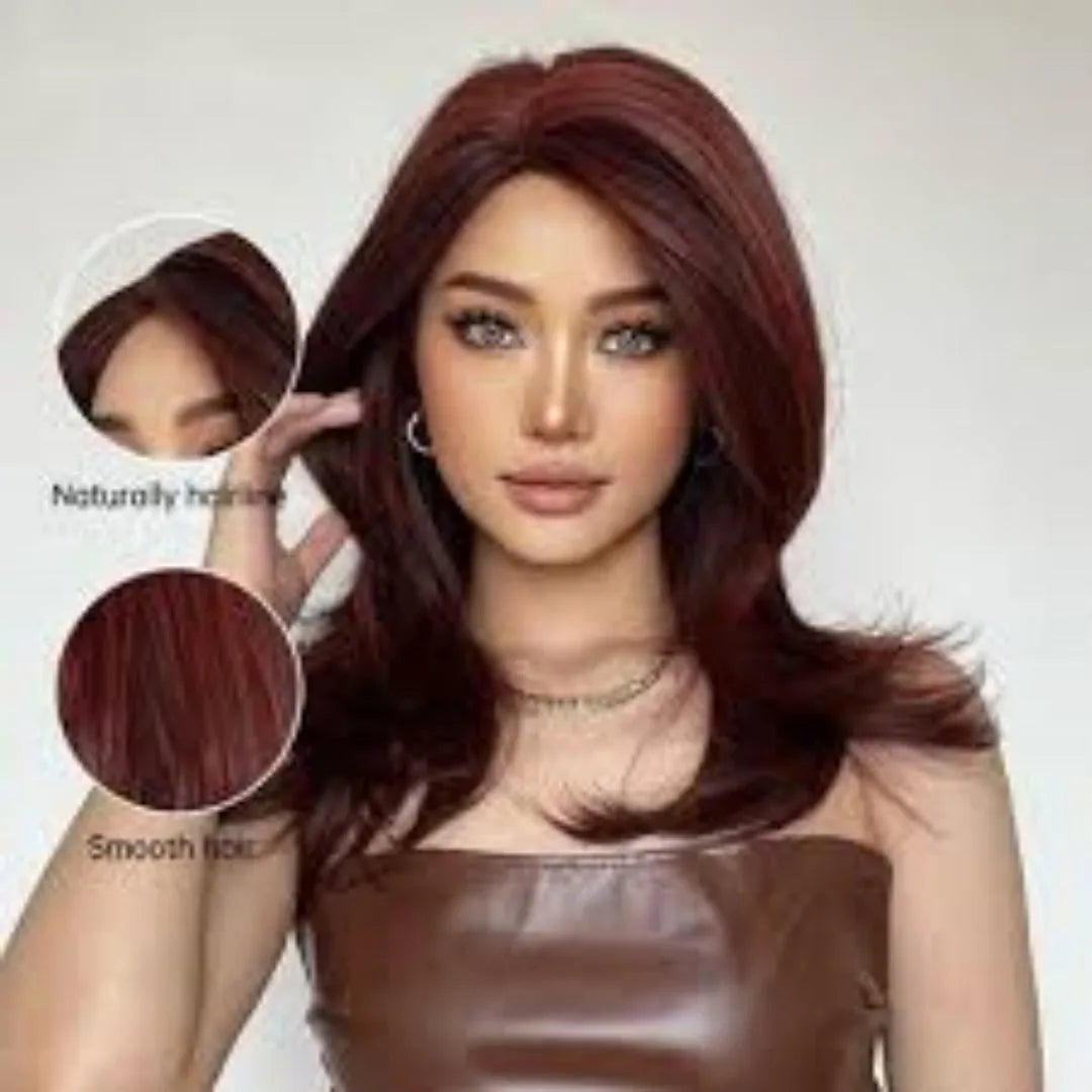 Mid-length platinum gradient synthetic wig with long curly hair and bangs in wine red, brown, or white gold colour.