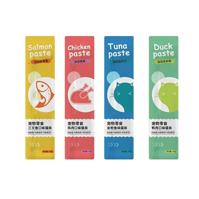 10-piece pack of cat strip snacks for kittens with four flavour options