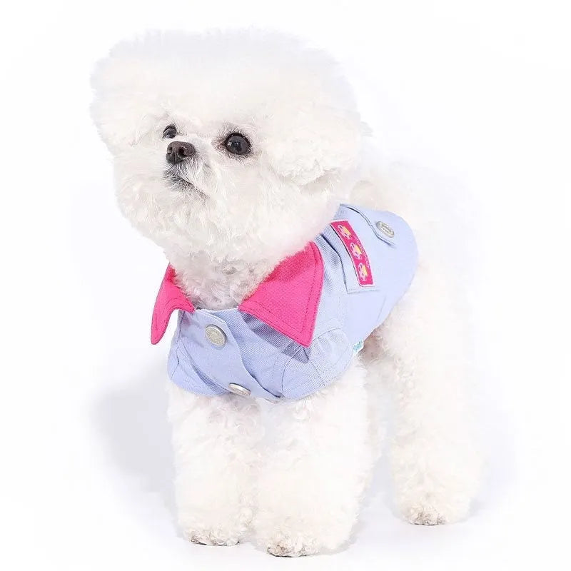 Blue and purple polyester dog vest with front chest ring for small dogs, showing weight-based sizing options