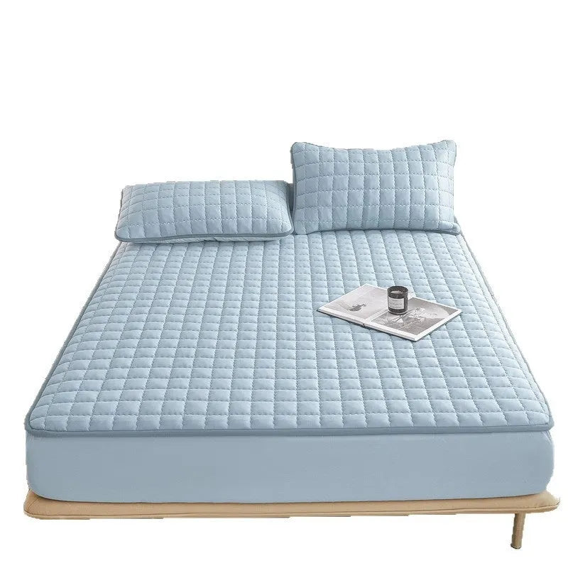 Cotton waterproof fitted sheet in blue colour with elasticated edges for mattress protection