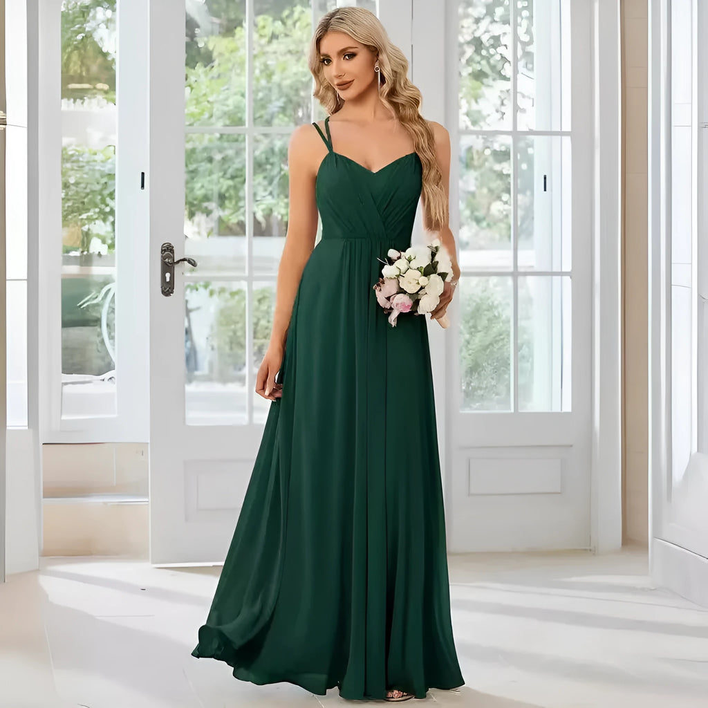 Women's sleeveless long pleating dress in solid color A-line skirt style available in light green navy blue and wine red