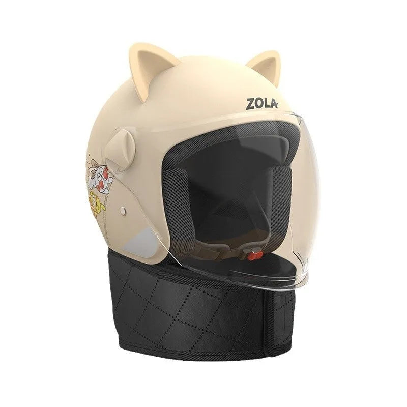 Winter electric bicycle helmet with anti-fog visor and attached scarf shown in blue colour option