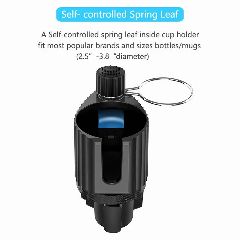 Green car kettle holder for drinks and phones inserted into a vehicle cup holder.