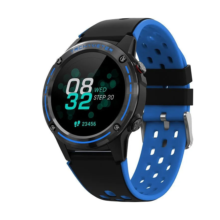 GPS smart watch with blue silicone strap showing 49mm case and display