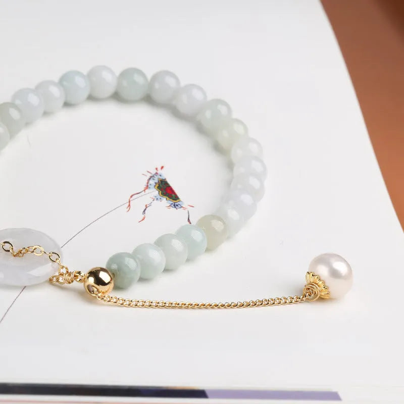 Women's jade pearl bracelet with natural emerald peace buckle charm in geometric national style