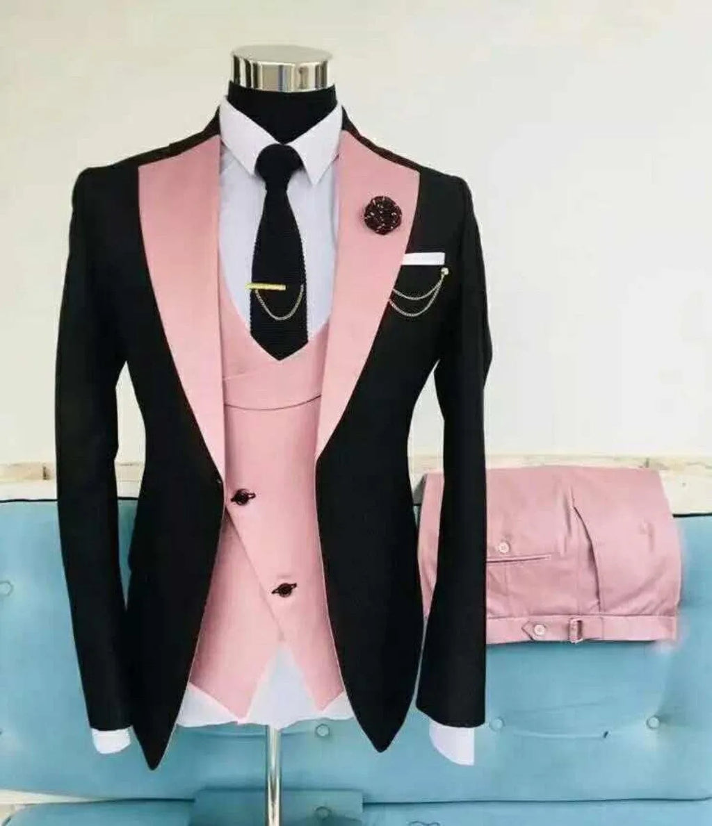 Men's slim fit cotton three-piece business suit with vest for formal occasions.