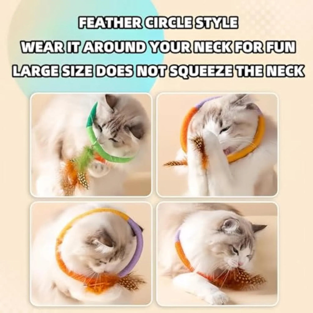 Circular green cotton rope cat toy with feathers and catnip for chewing and interactive play