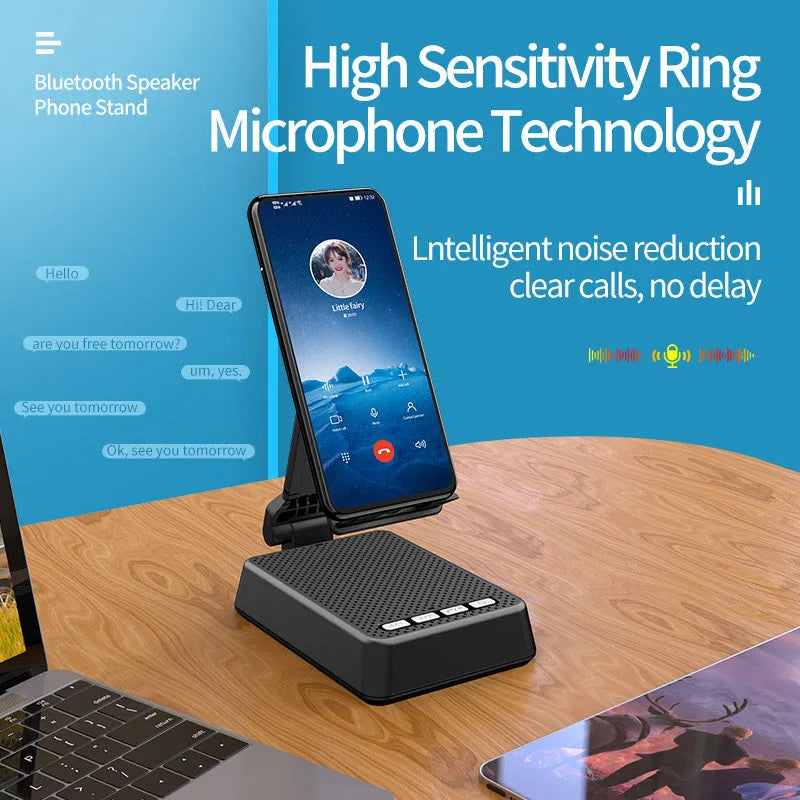 Black mobile phone broadcaster stand with wireless Bluetooth speaker and integrated HD microphone on desk