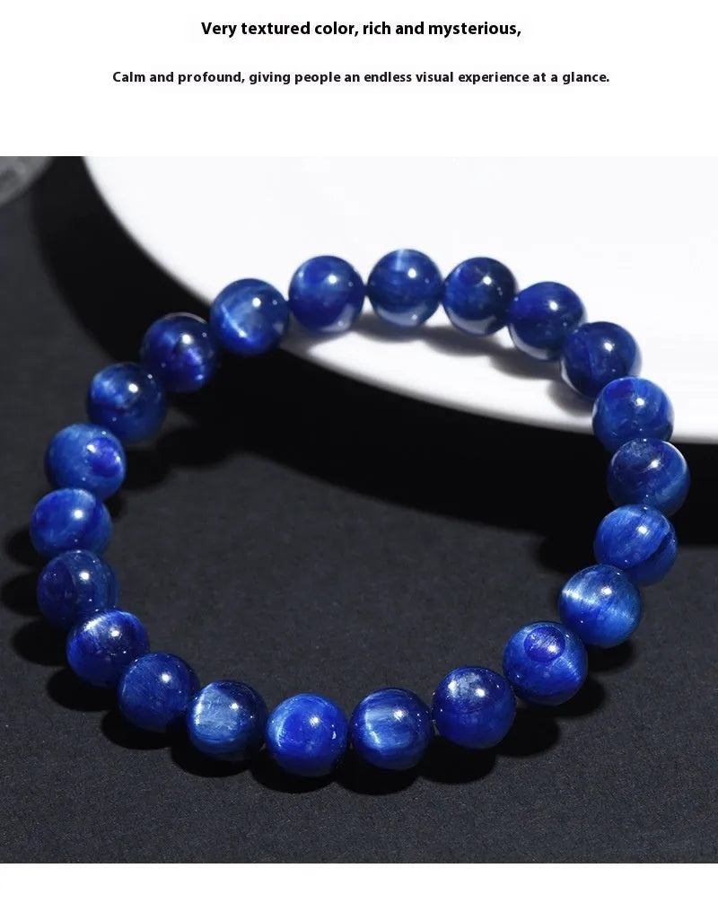 Polished grade 7A blue crystal bracelet with geometric ruyi design, shown in single circle and piece sizes.