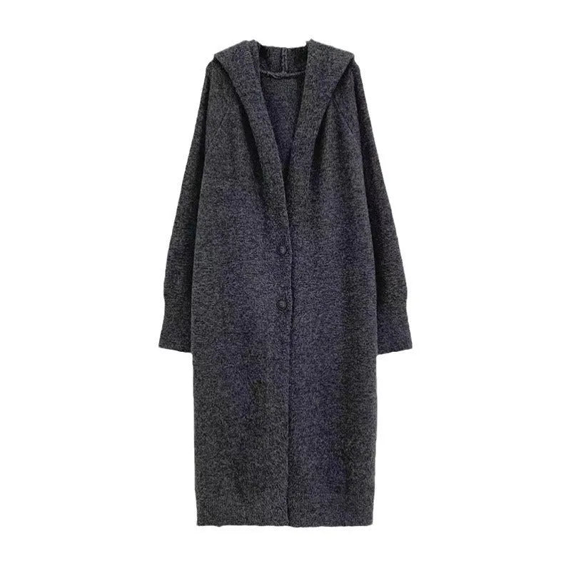 Long grey hooded knitted cardigan for women in casual Korean style