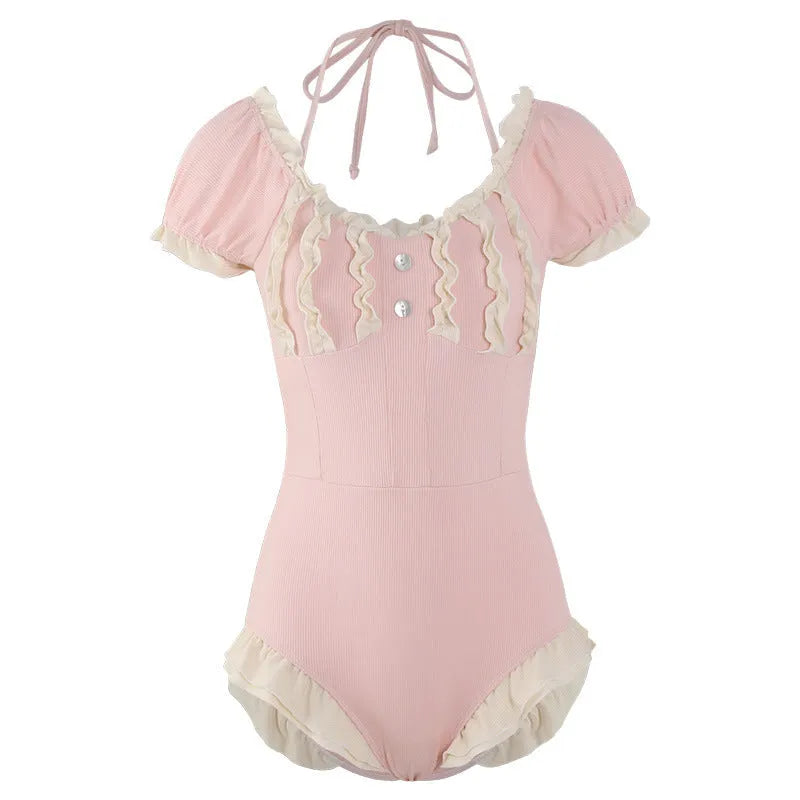 Pink conservative one-piece swimsuit for women in nylon fabric