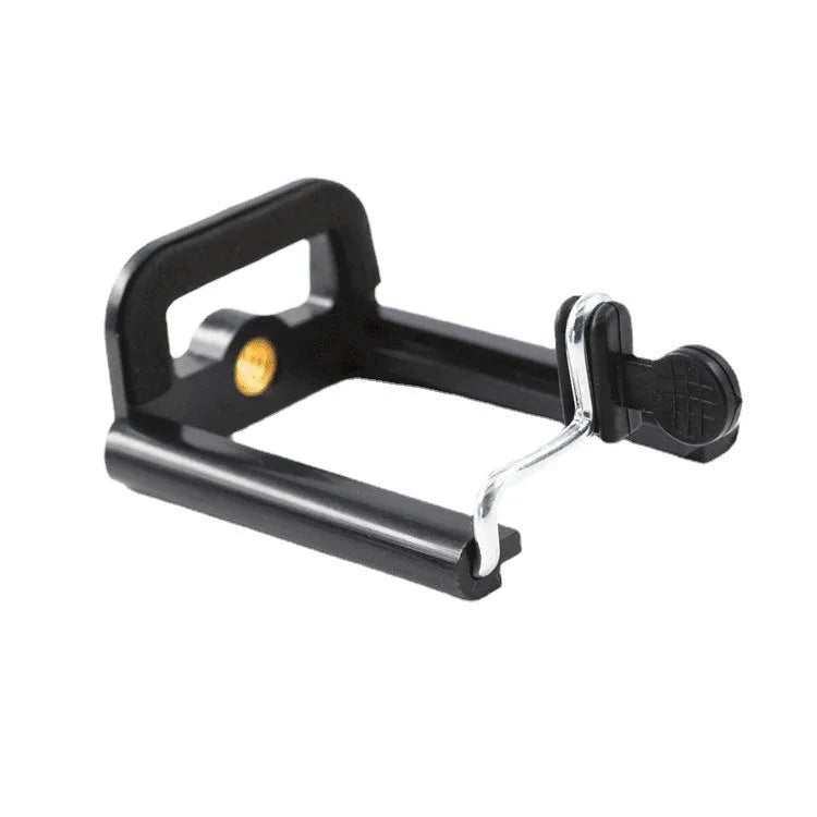 Black plastic U-shaped clip holder for mounting a mobile phone on a pipe or rail.