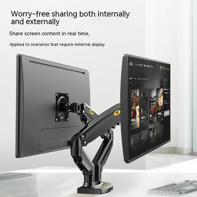 Dual screen monitor bracket with lifting adjustment mechanism showing VESA mounting holes