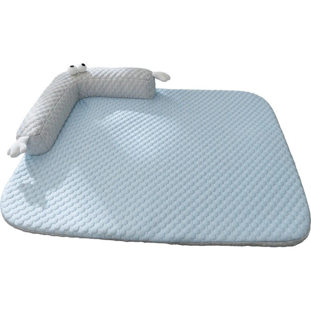 Blue pet bed with big-eyed monster design for dogs and cats, showing non-slip base and breathable fabric.