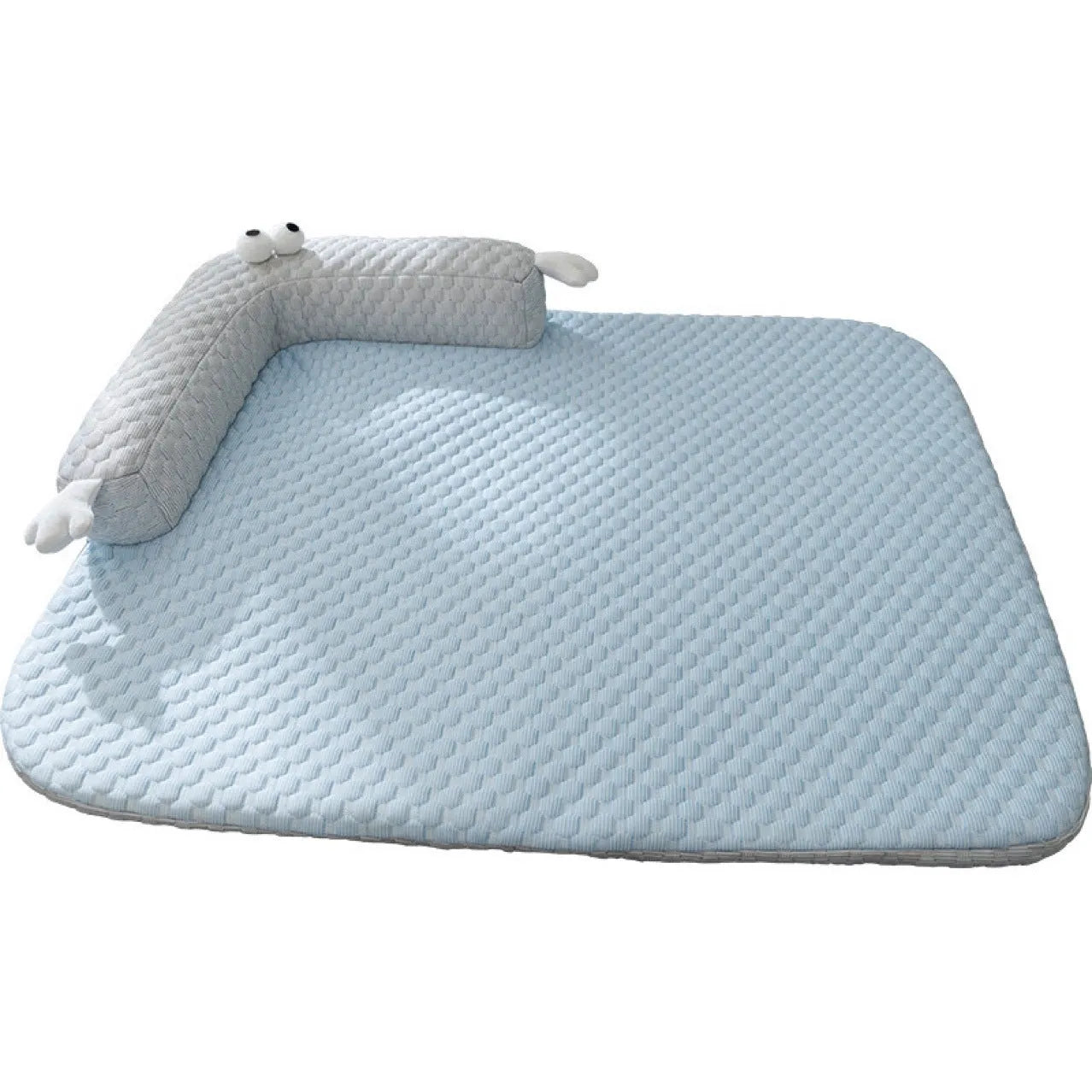 Blue pet bed with big-eyed monster design for dogs and cats, showing non-slip base and breathable fabric.