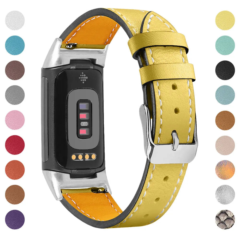 Genuine cowhide leather replacement strap for Fitbit Charge 5 and Charge 6 smartwatch in multiple colours.
