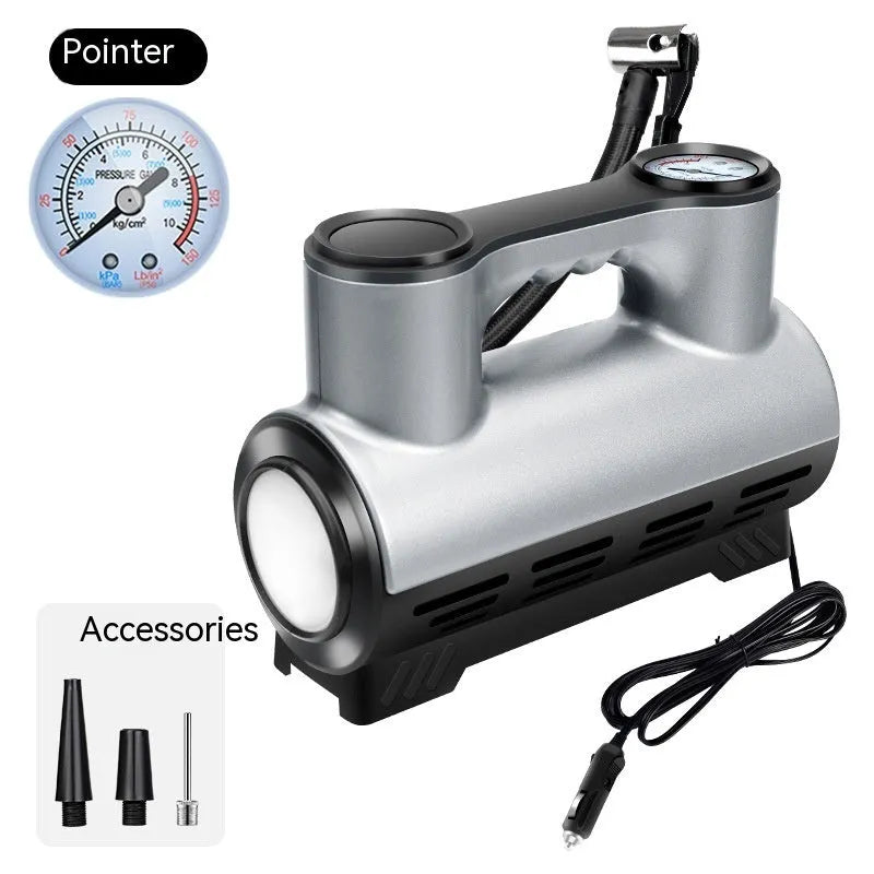 12V portable car air pump with digital pressure display, compact black ABS casing with air hose and nozzles