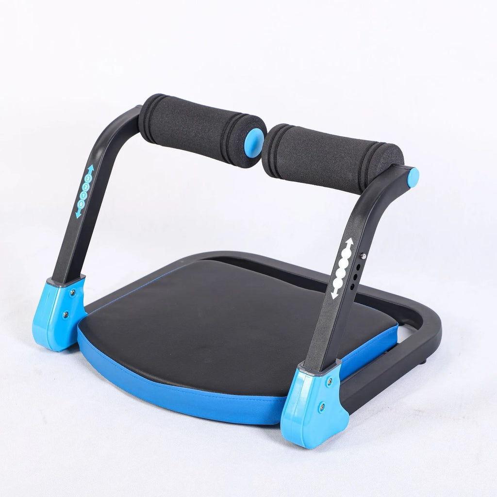 Mini multifunctional abdominal wheel fitness equipment shown in red and sky blue colour options.
