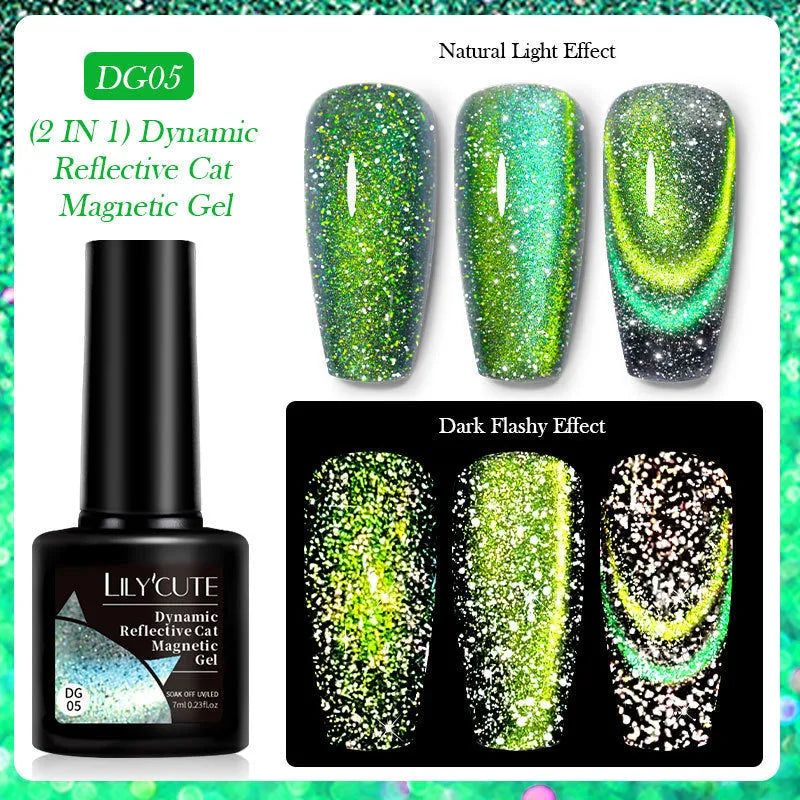 Cat eye effect nail polish gel bottle with diamond glitter in one of six colour styles
