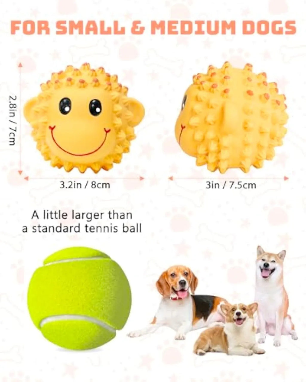 Orange and yellow spiky latex squeaky dog toys shaped like animals for teeth cleaning