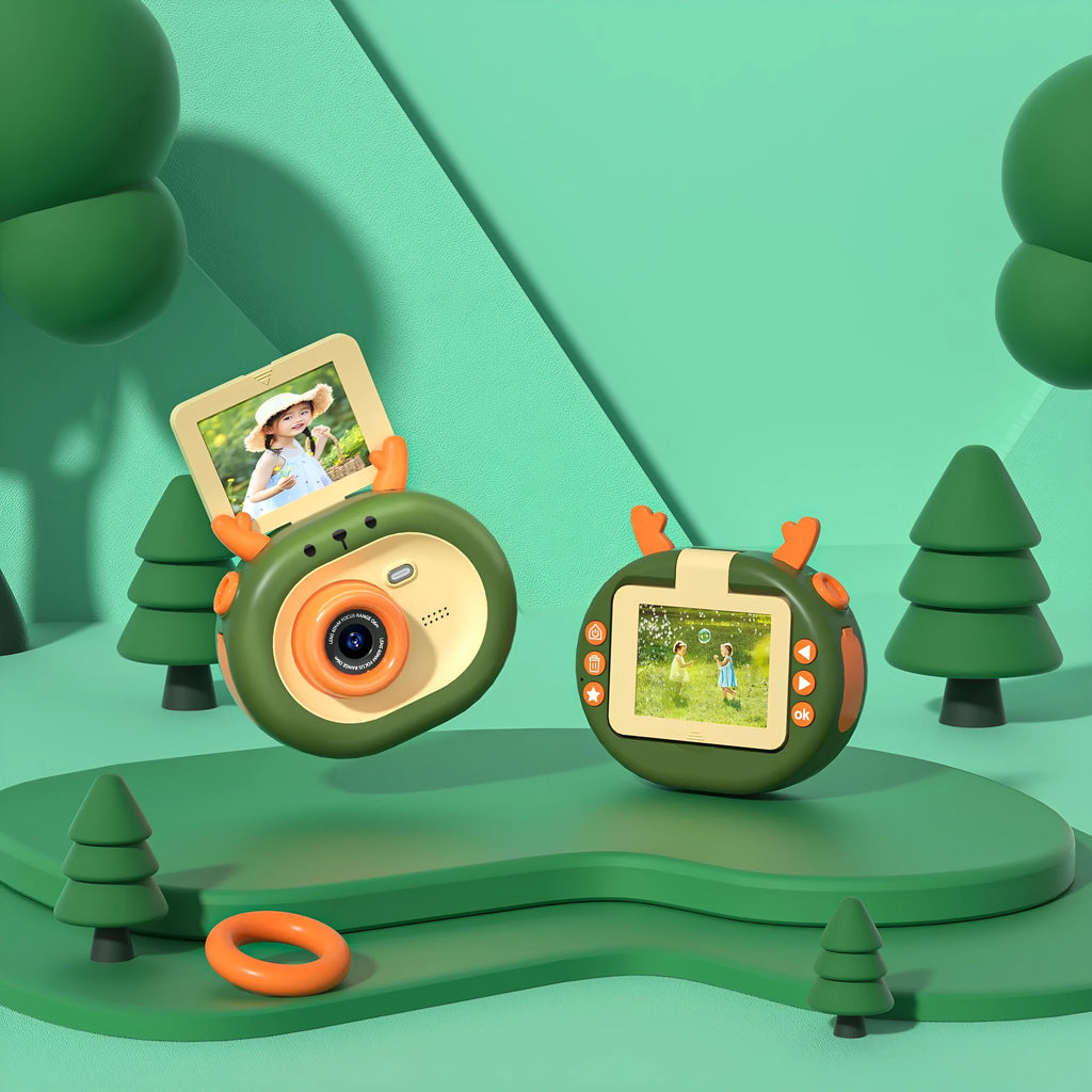 Purple and dark green children's digital camera with flip screen showing dimensions 9.8 x 7.9 x 3.8 cm