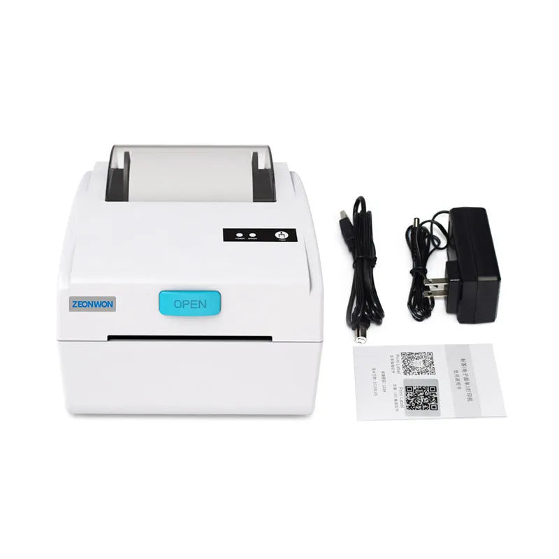 White thermal label printer with Bluetooth and USB connectivity measuring 200x160mm