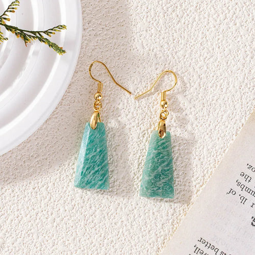 Amazonite rough stone trapezoid earrings in geometric design with gold and silver colour options